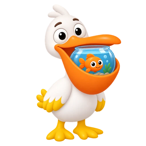 Pouch Pelican, a white pelican with a fish bowl in its beak, jumping out of the chest.
