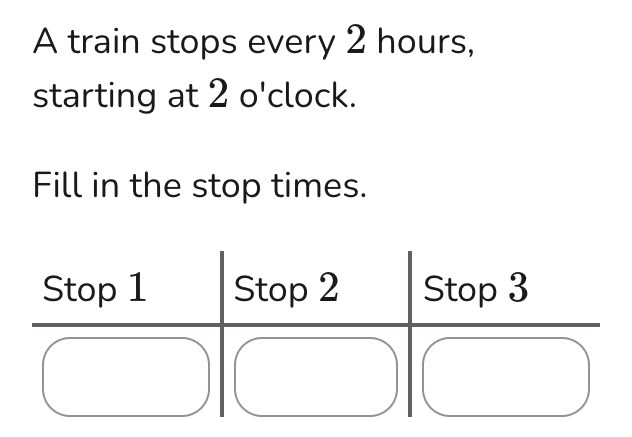 A train stops every 2 hours, starting at 2 o'clock. Fill in the stop times for stops 1, 2 and 3.